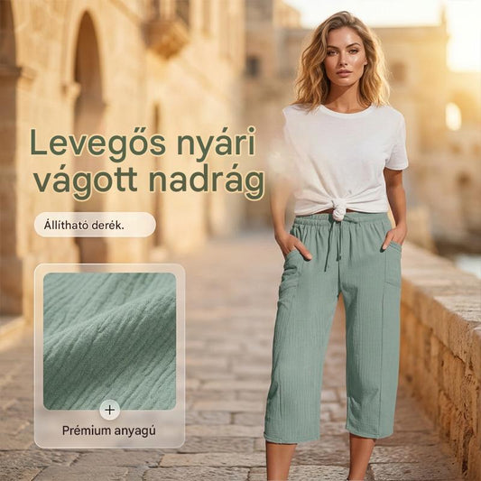 🌸【50% kedvezmény】Női egyszínű, ráncolt pamut-len hosszú (7/8-as) nadrág