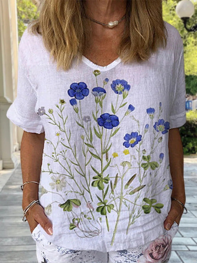 💐🌈T-shirt z krótkim rękawem i bawełnianą lnianą nadrukiem w kwiaty-3984791