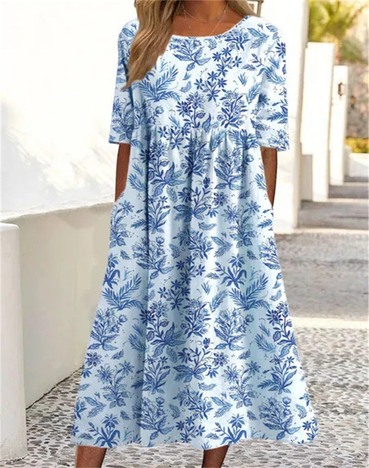 Damska duża rozkloszowana sukienka, luźna spódnica, wolnostojąca, okrągły dekolt