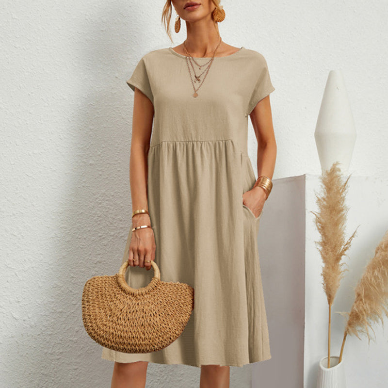 👗💖💖【S-5XL】2026 új női pamut-len ruha – kerek nyakú, bő szabás
