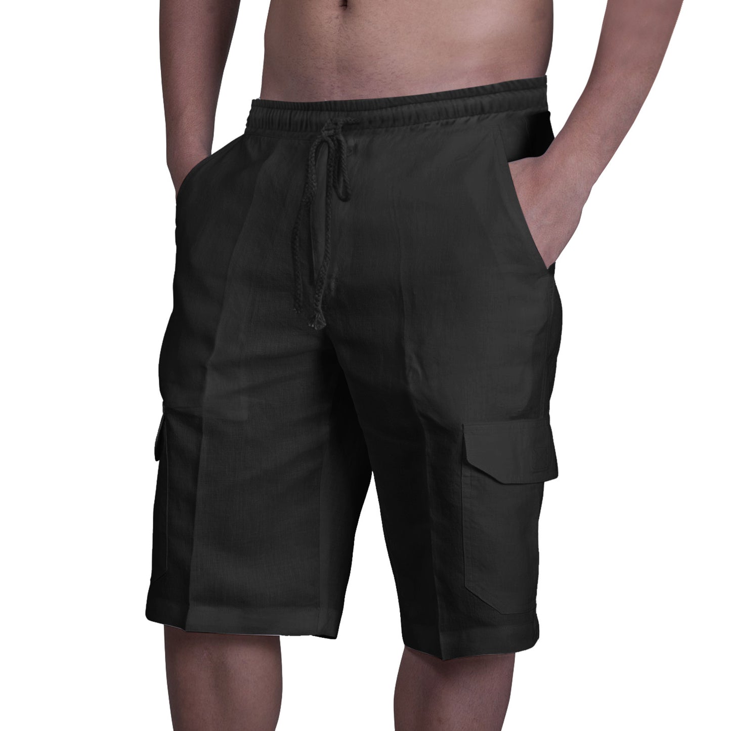 👖⛵【50% zniżki 🔥】【50–100 kg】😍 Męskie lniane szorty cargo w dużych rozmiarach, idealne na plażę, ze sznurkiem i wieloma kieszeniami-4262270