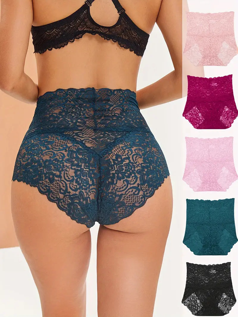 💕【6 ks】💕【55–100 kg】Letní dámské kalhotky s vysokým pasem pro tvarování postavy, krajkový design, pohodlné na nošení