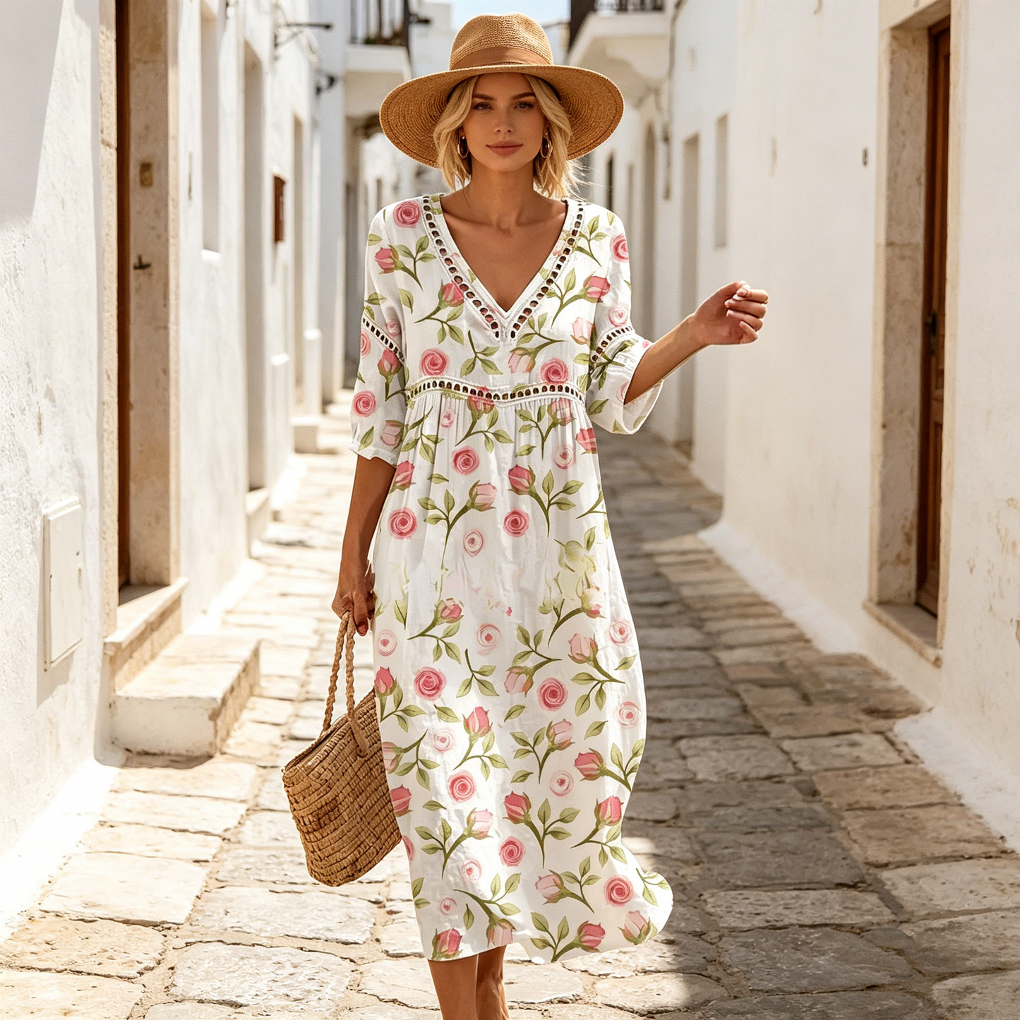 Új 👗【S-3XL】Nyári V-nyakú, mintás pamut-len hosszú ruha