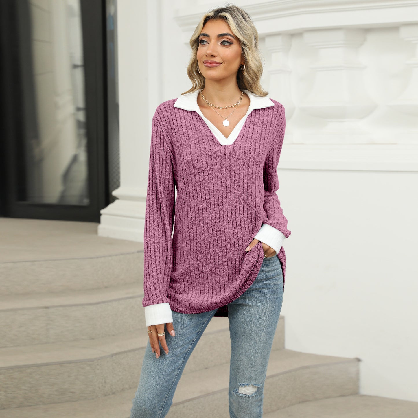 【S-2XL】Nový dámský volný top s dlouhým rukávem a límečkem 4187100