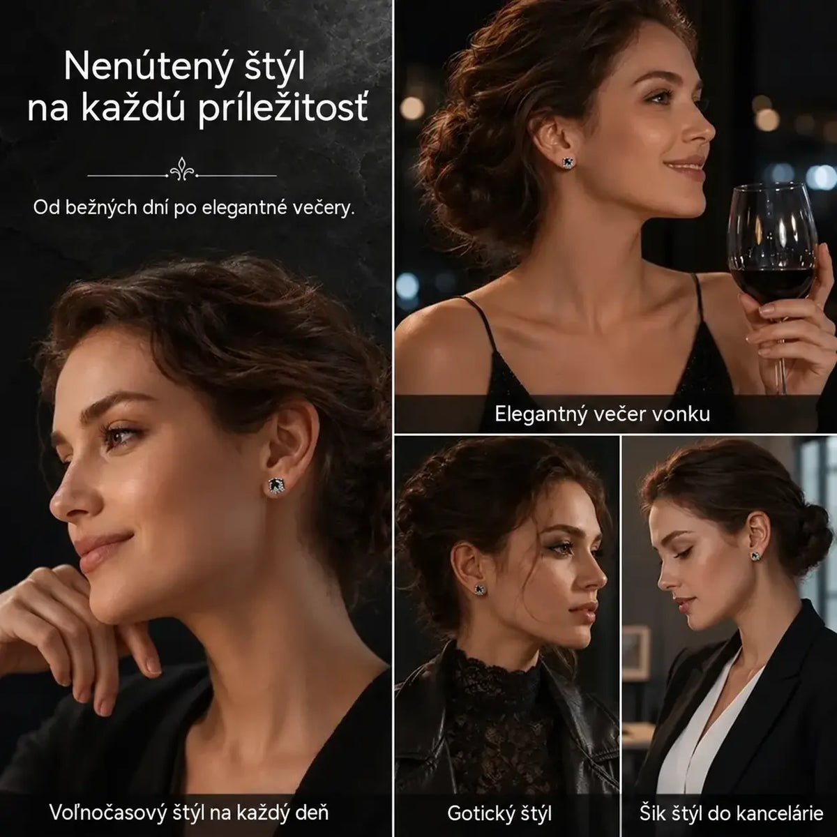 🖤 Stříbrné knoflíkové náušnice S925 – gotický motiv vinné révy, černý zirkon, velikost 8 mm, 1 pár pro citlivé uši.