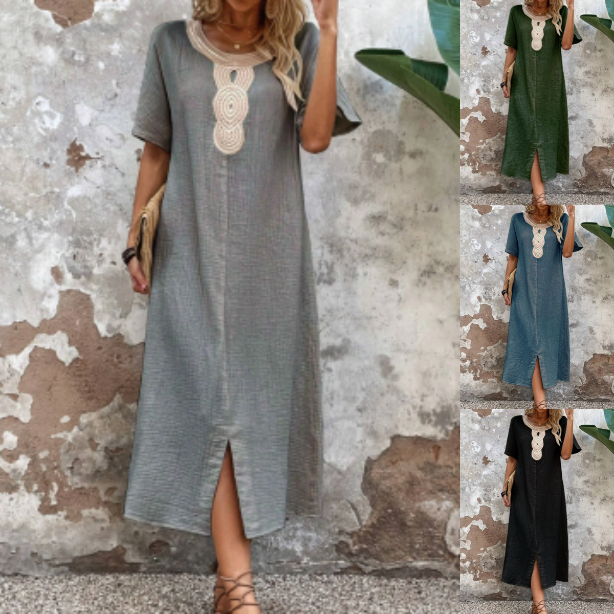 🧚♀️👗【50% zniżki 🔥】【S-3XL】💖Letnia duża damska sukienka z okrągłym dekoltem, koronką, krótkim rękawem, czystą bawełną i lnem, rozcięciem i luźną sukienką 3988156