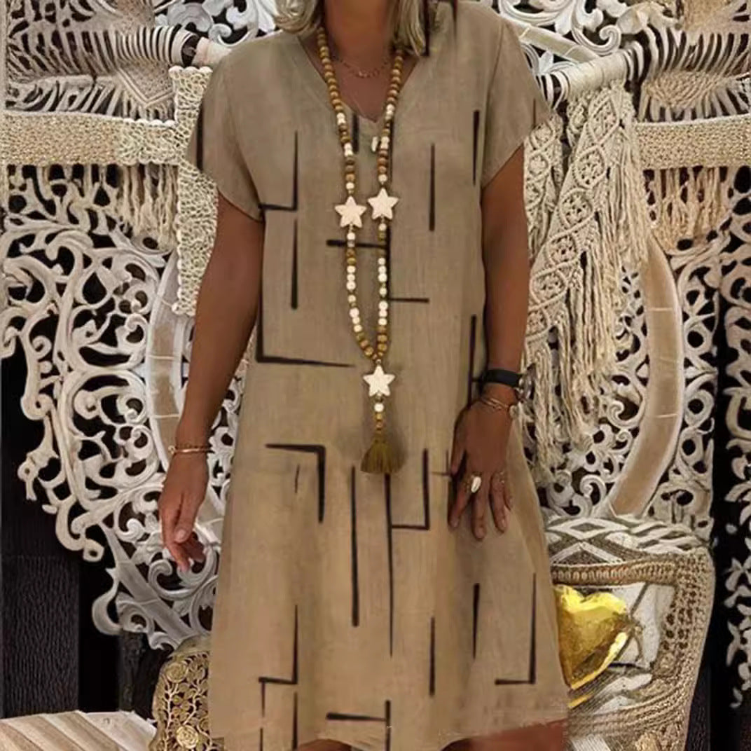 👗【S-5XL】Bawełniana sukienka z nadrukiem i dekoltem w szpic