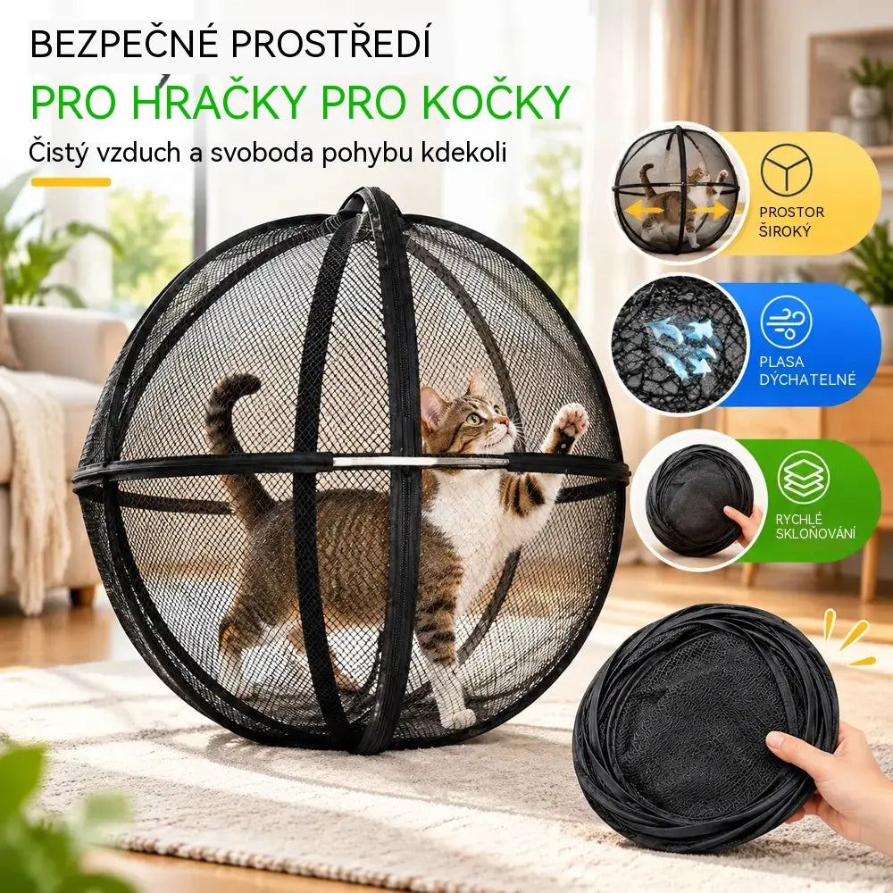 🐱🐱 Skládací kulovitý stan pro kočky s prodyšnou síťovinou · 360° ochrana · Bezpečný prostor na hraní doma i venku!