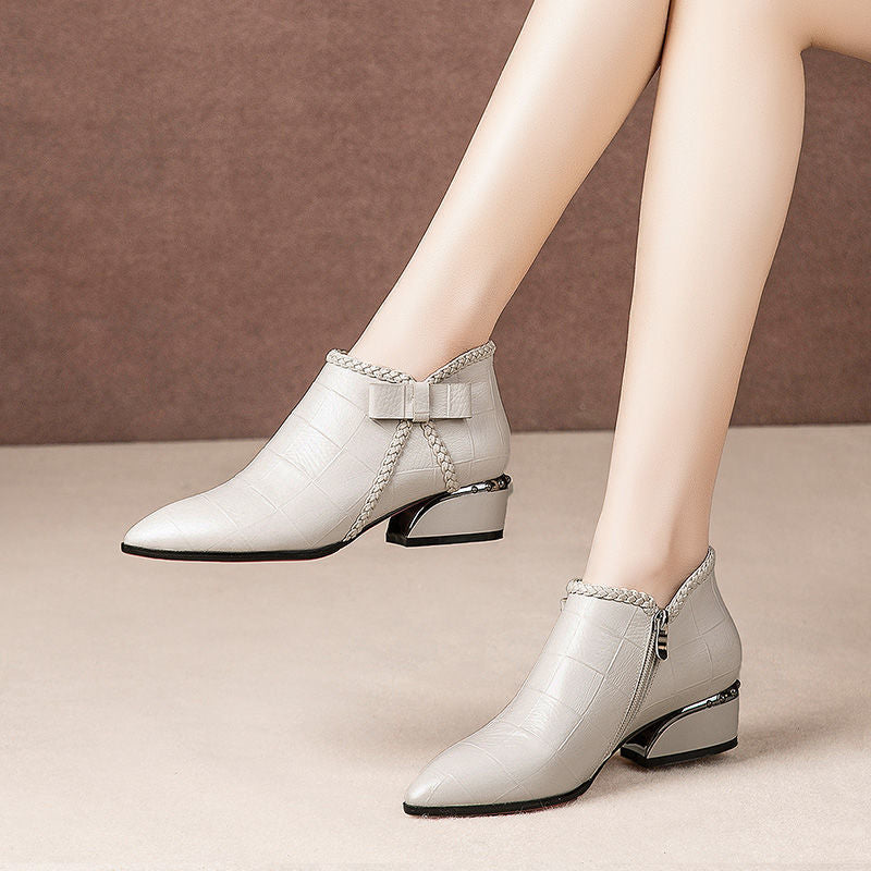【35-42】2024 nowe buty jesienne, krótkie botki z kokardką i zamkiem błyskawicznym