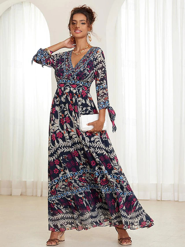 💟【S-5XL】👗2024 nowa elegancka sukienka z nadrukiem i dekoltem w szpic-3655304