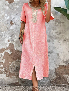🧚♀️👗【50% zniżki 🔥】【S-3XL】💖Letnia duża damska sukienka z okrągłym dekoltem, koronką, krótkim rękawem, czystą bawełną i lnem, rozcięciem i luźną sukienką 3988156