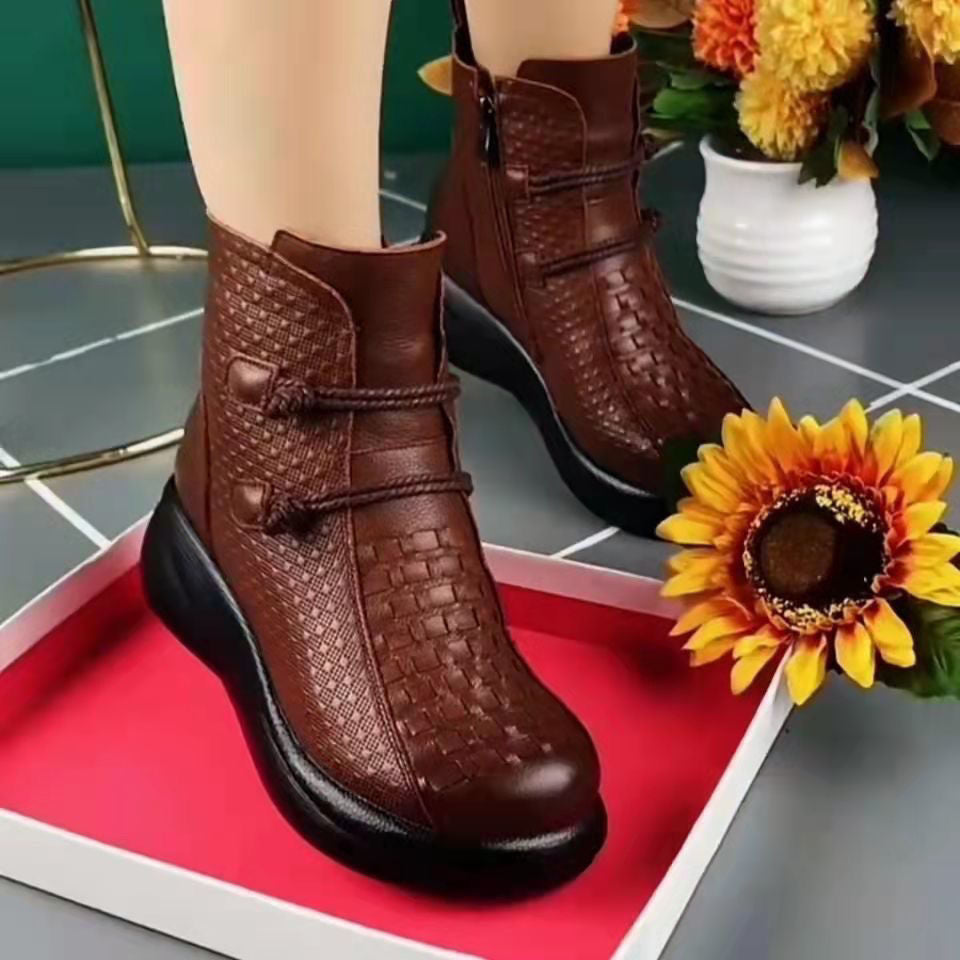 💥💥【35-40】Zimowe modne skórzane buty termiczne damskie z bocznym zamkiem