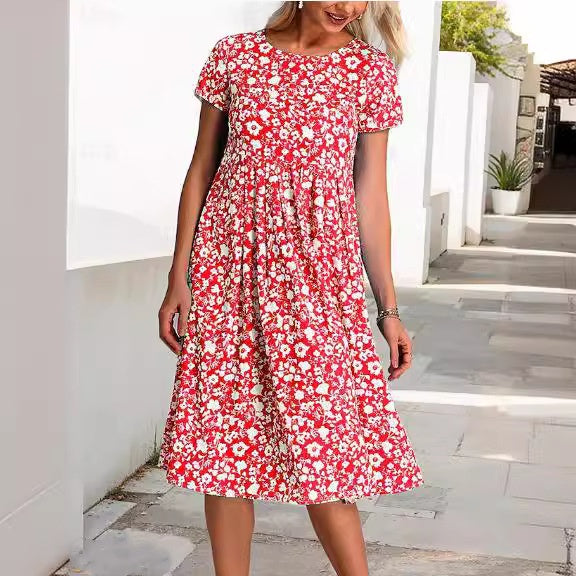 💕💕【Časově omezená nabídka】【S-3XL】Nové letní šaty s krátkým rukávem a kulatým výstřihem s potiskem. Možnost platby na dobírku.