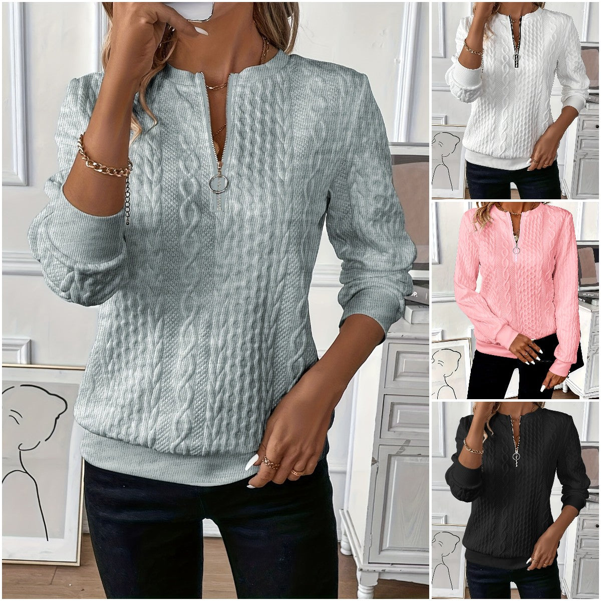 🎀🎀【S-2XL】 Nowy jesienny i zimowy sweter damski zapinany na zamek 3766794