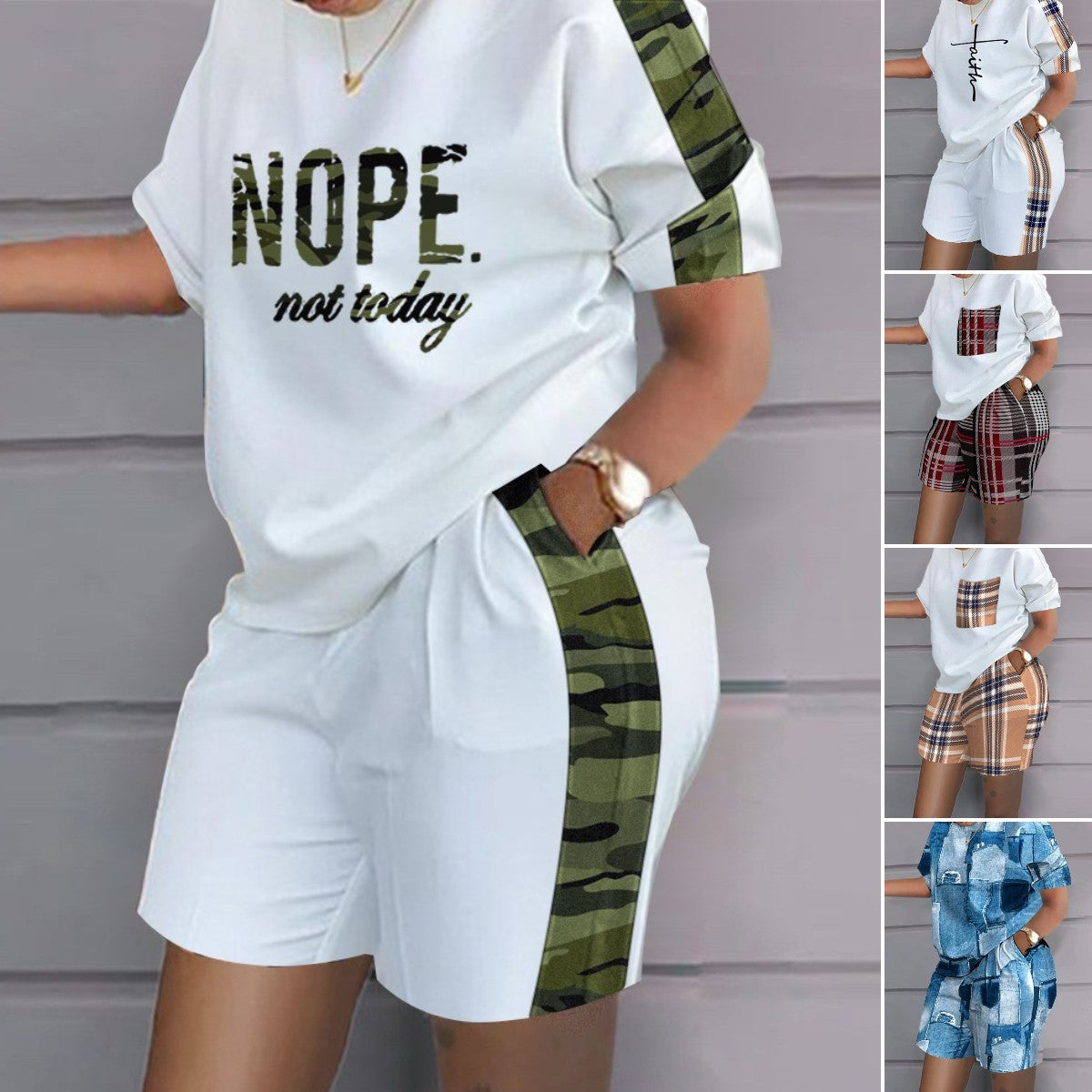 😍 【Top + spodenki】 Damskie, letnie modne bluzki z okrągłym dekoltem i luźne szorty-3708892