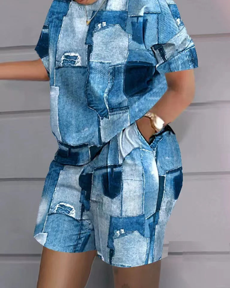 😍 【Top + spodenki】 Damskie, letnie modne bluzki z okrągłym dekoltem i luźne szorty-3708892