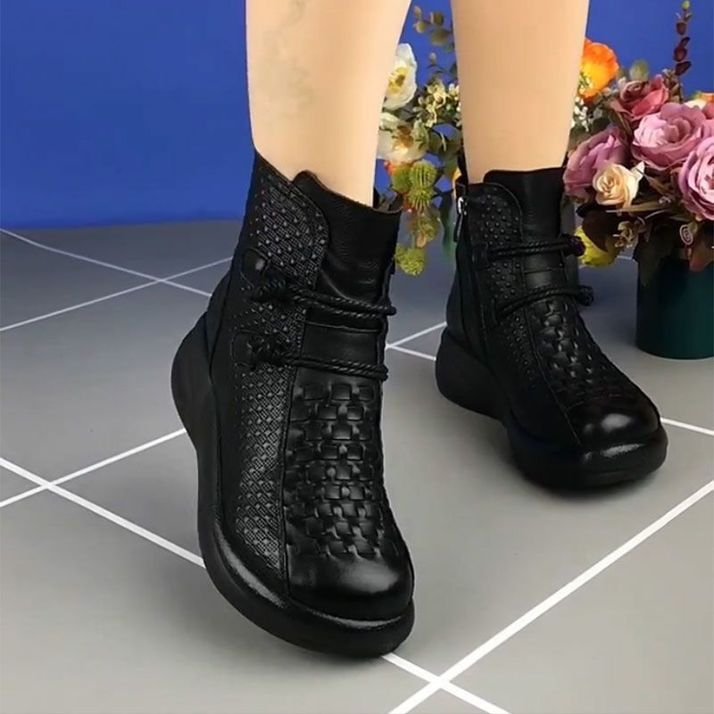 💥💥【50% OFF】【35-40】2024 Modne zimowe damskie botki ocieplane z bocznym zamkiem błyskawicznym wykonane ze skóry-3822062