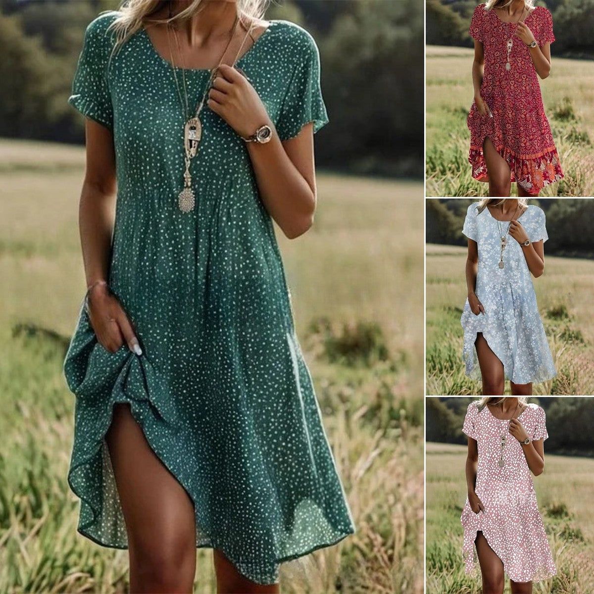 【Nowa popularna odzież damska】【S-3XL】Nowa sukienka swobodna z okrągłym dekoltem i nadrukiem na wiosnę i lato 4066394