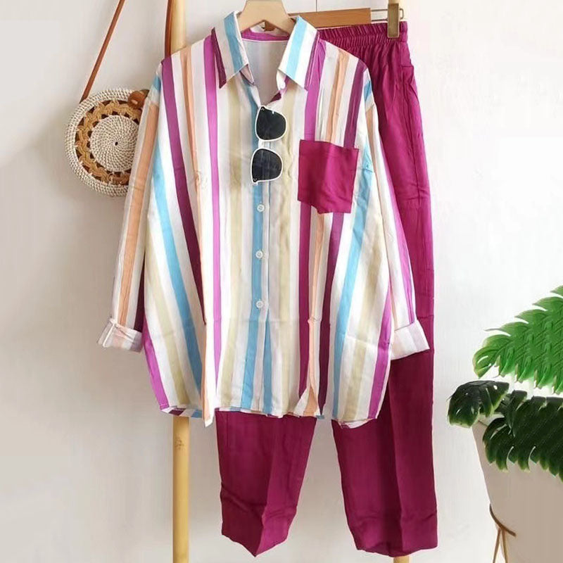 【50% ZNIŻKI】【S-5XL】 🌸 Wiosenny, pasiasty, swobodny, dwuczęściowy garnitur