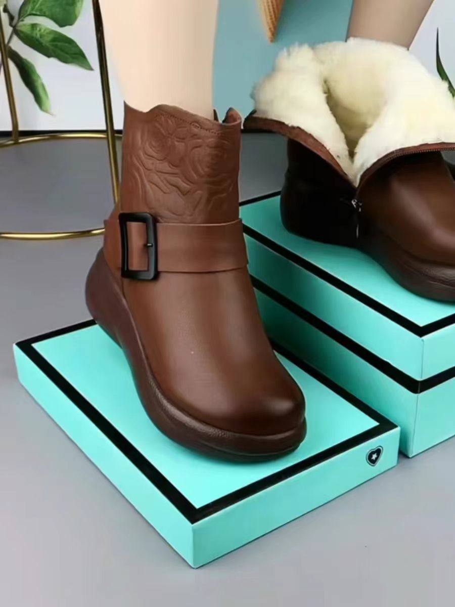 【35-40】Nowe buty zimowe z grubą podeszwą i okrągłymi noskami z prawdziwej skóry-3843802