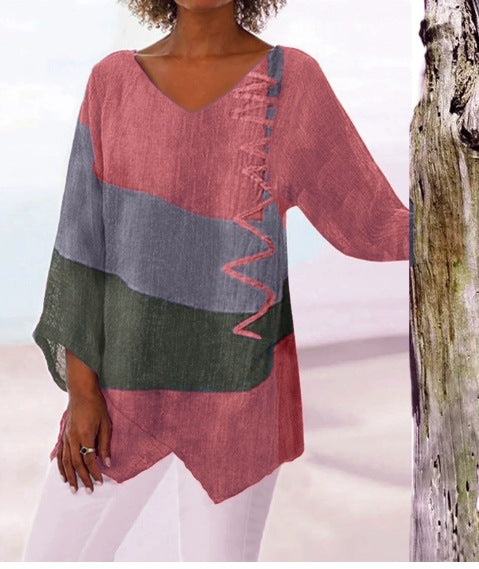 ⏳ Poslední den – sleva 50 % 😍【S~5XL】Dámský elegantní ležérní top s výstřihem do V a dlouhým rukávem, uměleckým vzorem a potiskem-Z