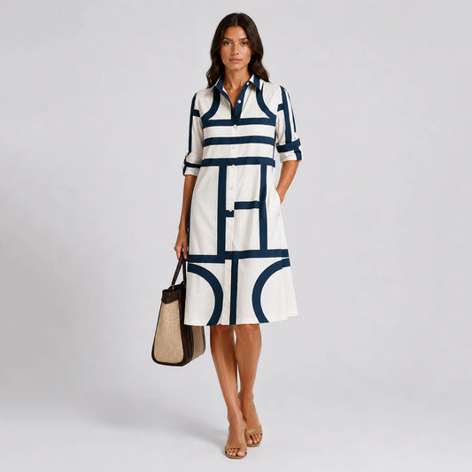 💖【S-5XL】Stylové a elegantní dlouhé šaty s potiskem, košilový límec, dlouhý rukáv, midi délka