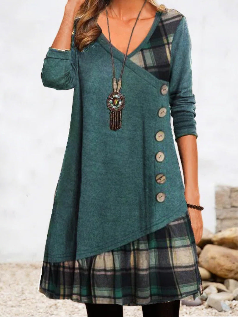 💟【Jesienne nowości】👗【S-3XL】 2024 Nowa elegancka sukienka w kratę z dekoltem w kształcie litery V, z długim rękawem-3800447