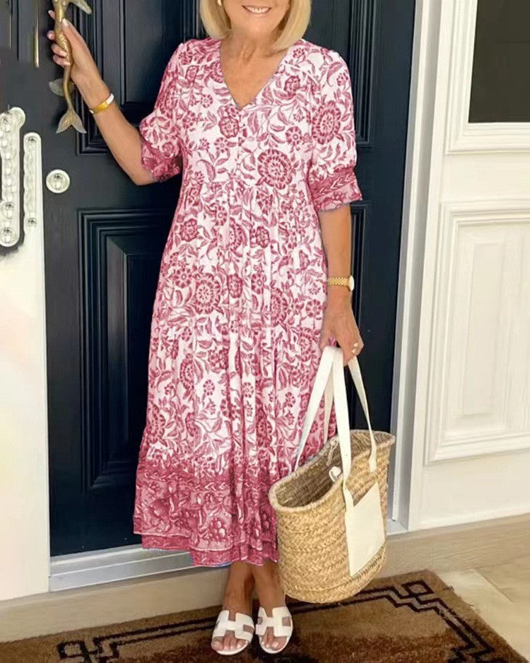 👗✨【S-3XL】Sukienka z dekoltem w serek i niebieskim kwiatowym nadrukiem