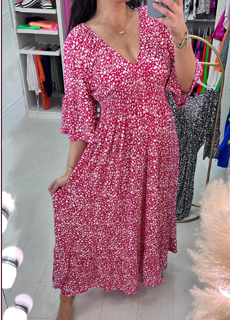 🔥🥰【S-5XL】2024 Nowa gorąca sukienka plus size z dekoltem w serek w kwiaty-3665757