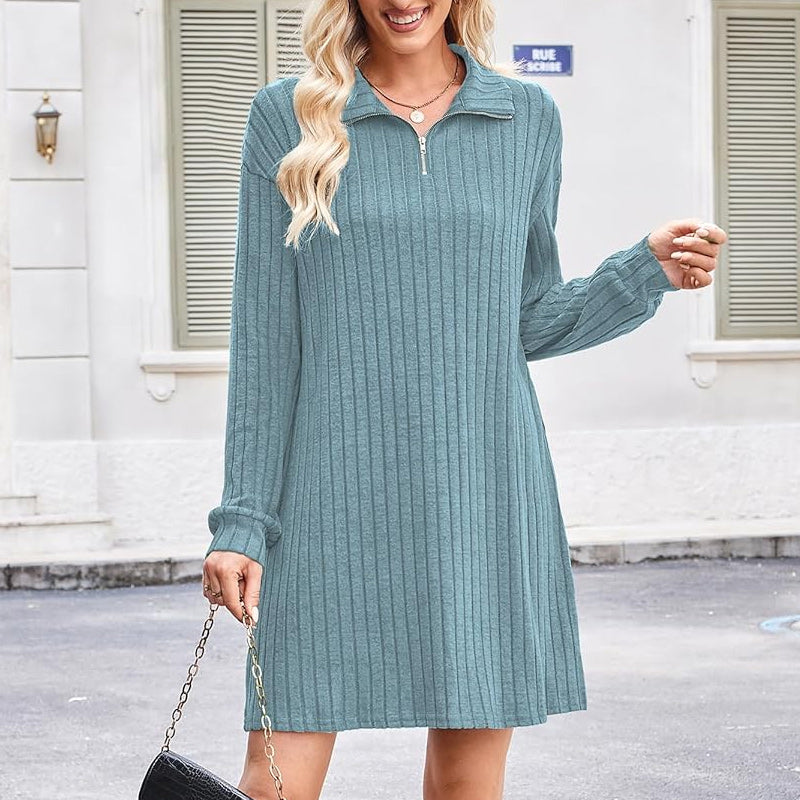 ❄️💃🍂【S-2XL】🔥Podzimní/zimní nové ležérní módní volné jednobarevné pletené šaty s dlouhým rukávem a vysokým výstřihem 4187106