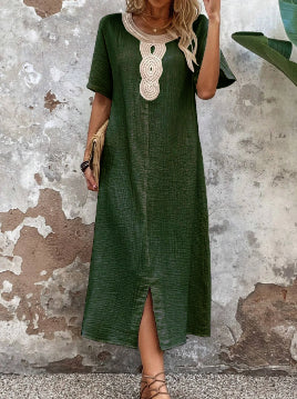 🧚♀️👗【50% zniżki 🔥】【S-3XL】💖Letnia duża damska sukienka z okrągłym dekoltem, koronką, krótkim rękawem, czystą bawełną i lnem, rozcięciem i luźną sukienką 3988156