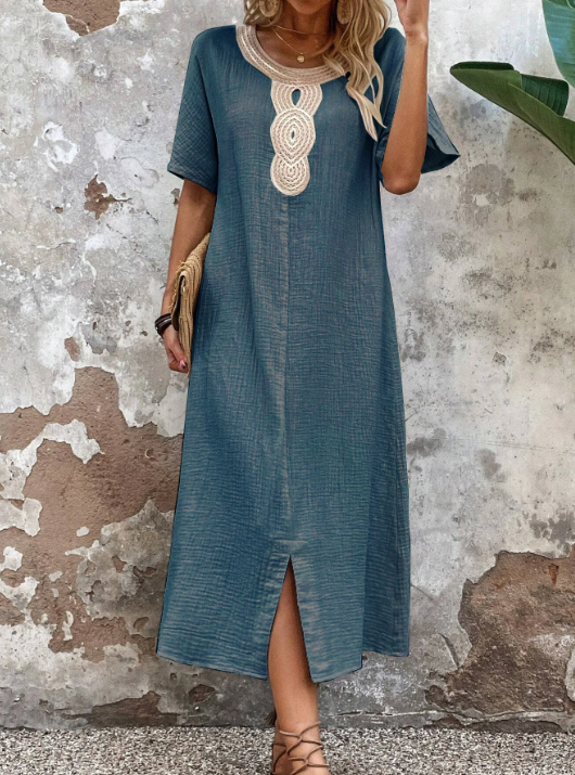 🧚♀️👗【50% zniżki 🔥】【S-3XL】💖Letnia duża damska sukienka z okrągłym dekoltem, koronką, krótkim rękawem, czystą bawełną i lnem, rozcięciem i luźną sukienką 3988156