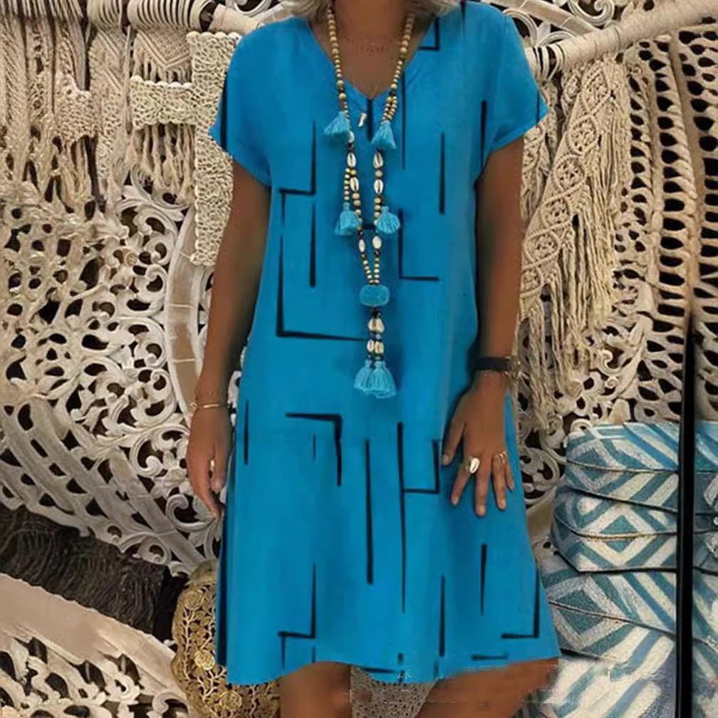 👗【S-5XL】Bawełniana sukienka z nadrukiem i dekoltem w szpic