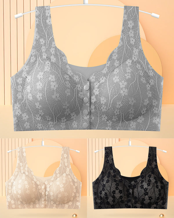 😍【3/6 sztuk】【40-100KG】Damski, bezprzewodowy, koronkowy biustonosz zapinany z przodu-3915887
