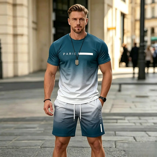 ✨【Fizetés utánvétesen】Férfi kétrészes nyári sport szett - kényelmes rövid ujjú póló és rövidnadrág mindennapi viseletre és otthoni pihenésre