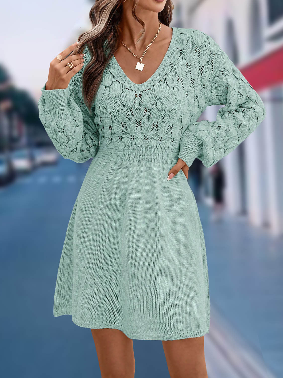 🔥【S-XL】🌷🌞✨Trojrozměrné háčkované pletené šaty s dlouhými rukávy 4166446