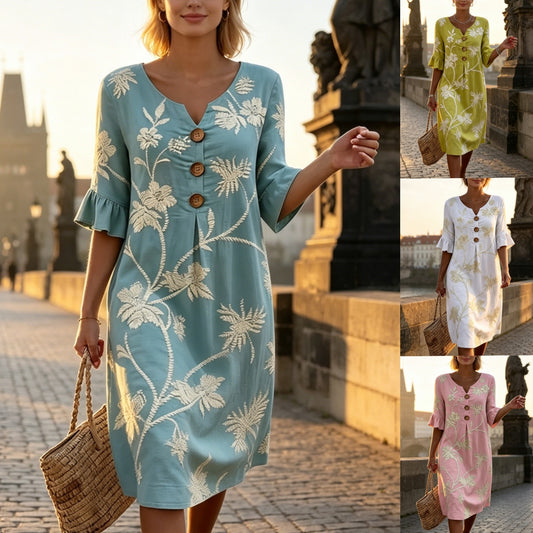 👗【S-3XL】Dámské šaty z bavlny a lnu s nafoukanými rukávy a knoflíky