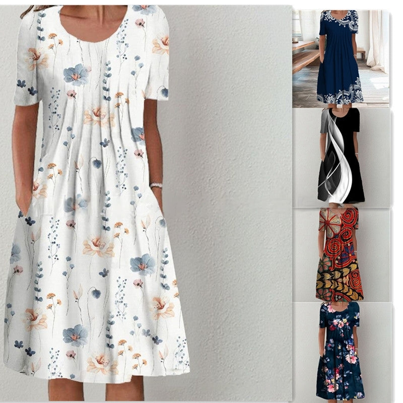 【S-5XL】🌺2024 Modna sukienka z nadrukiem i okrągłym dekoltem-3665760
