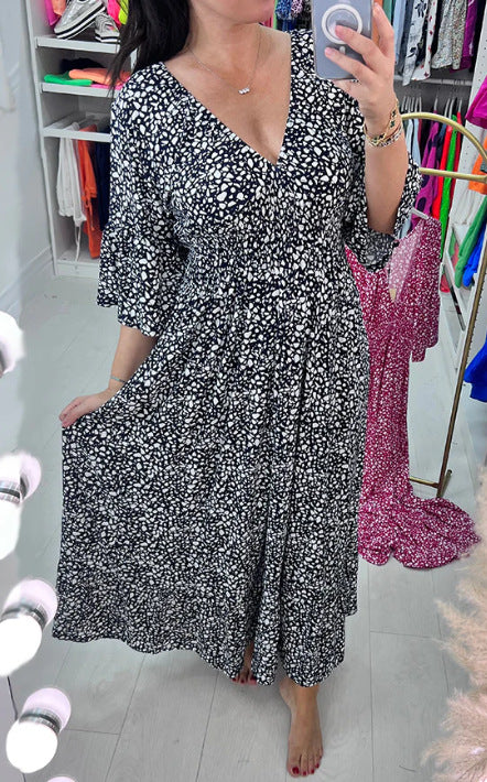 🔥🥰【S-5XL】2024 Nowa gorąca sukienka plus size z dekoltem w serek w kwiaty-3665757