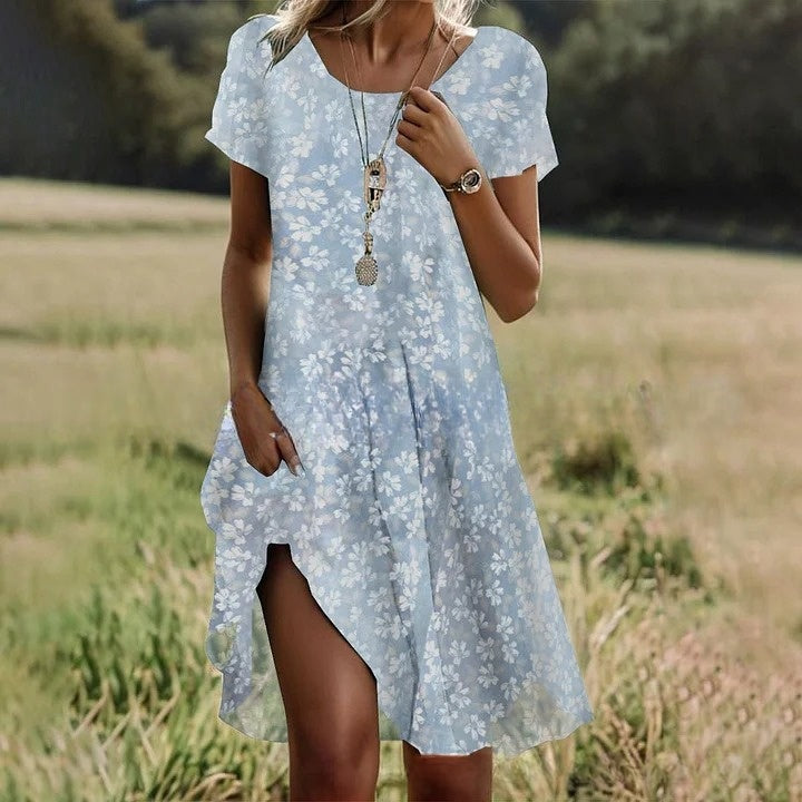 🛒📣【Promocja】💖【S-3XL】👗Nowa sukienka swobodna z okrągłym dekoltem i nadrukiem na wiosnę i lato