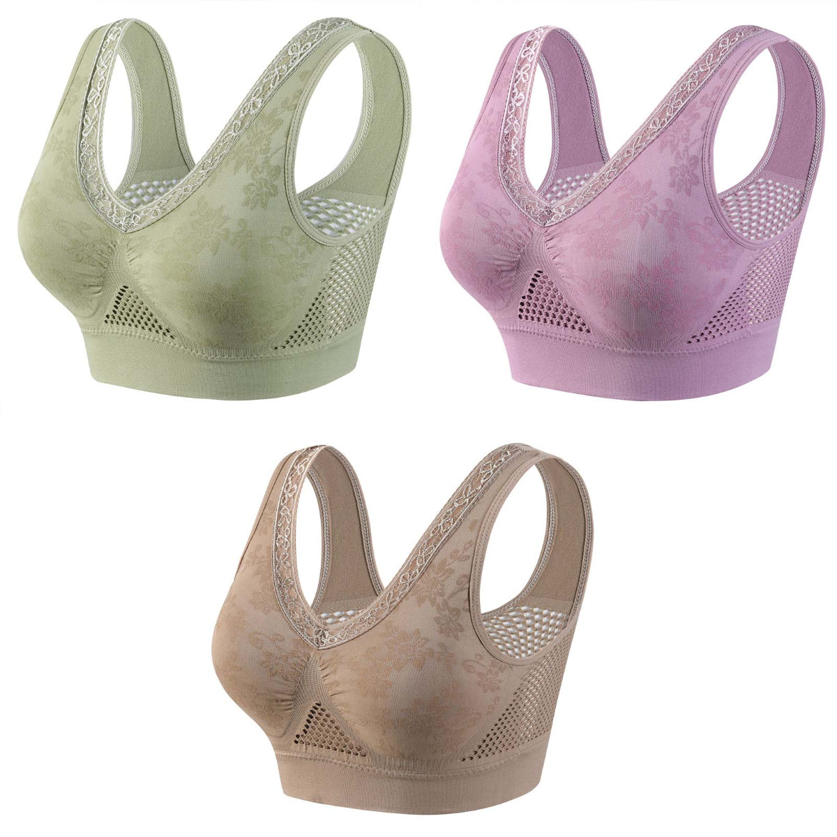 🔥👙【40-120 kg】【3dílné balení】✨Tenká damská podprsenka bez kostic, vysoce elastické ramínka, velká síťovina pro prodyšnost