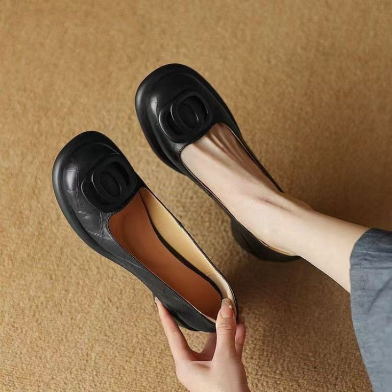 👠【35-40】2025 nowe 5CM uniwersalne modne miękkie podeszwy retro grube obcasy okrągłe palce skórzane buty-3909030