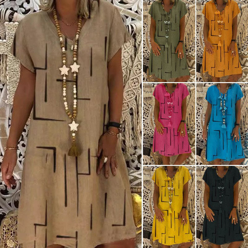 🏆👗【S-5XL】Bawełniana sukienka z nadrukiem i dekoltem w szpic-3641492