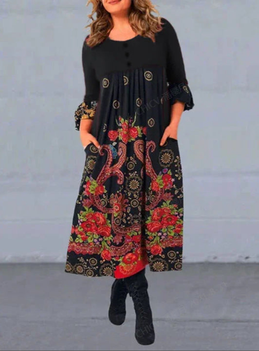 【S-5XL】👗2025 nowa, jesienna i zimowa sukienka na co dzień z długimi rękawami i nadrukiem w stylu retro-3896590