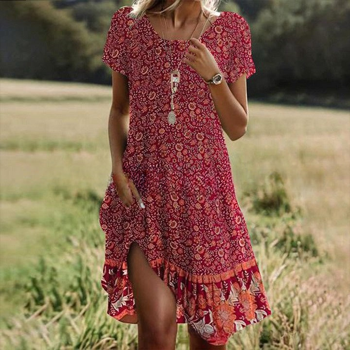 🛒📣【Promocja】💖【S-3XL】👗Nowa sukienka swobodna z okrągłym dekoltem i nadrukiem na wiosnę i lato