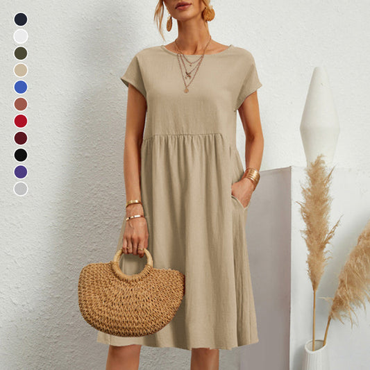 👗💖💖【S-5XL】2026 új női pamut-len ruha – kerek nyakú, bő szabás