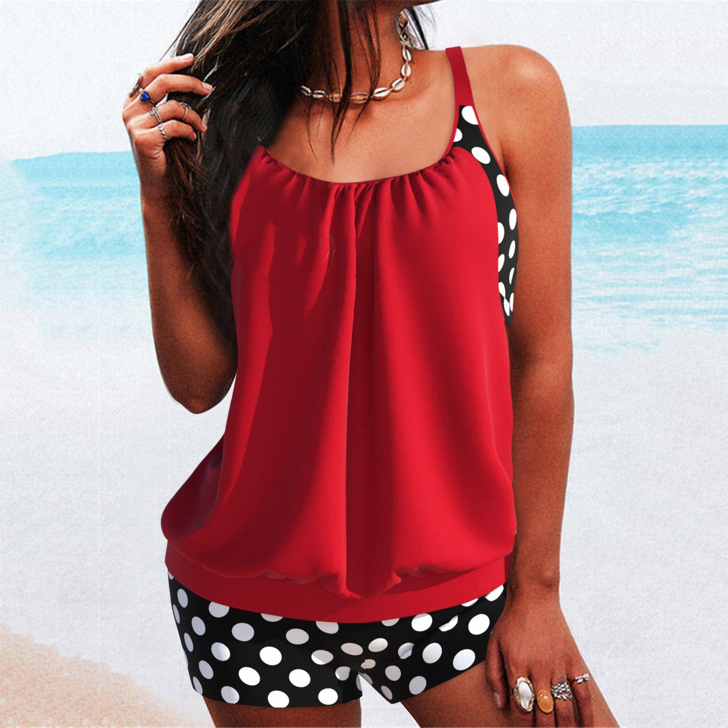 👙【S-5XL】Strój kąpielowy Split Plus Size w kropki z nadrukiem-3583840