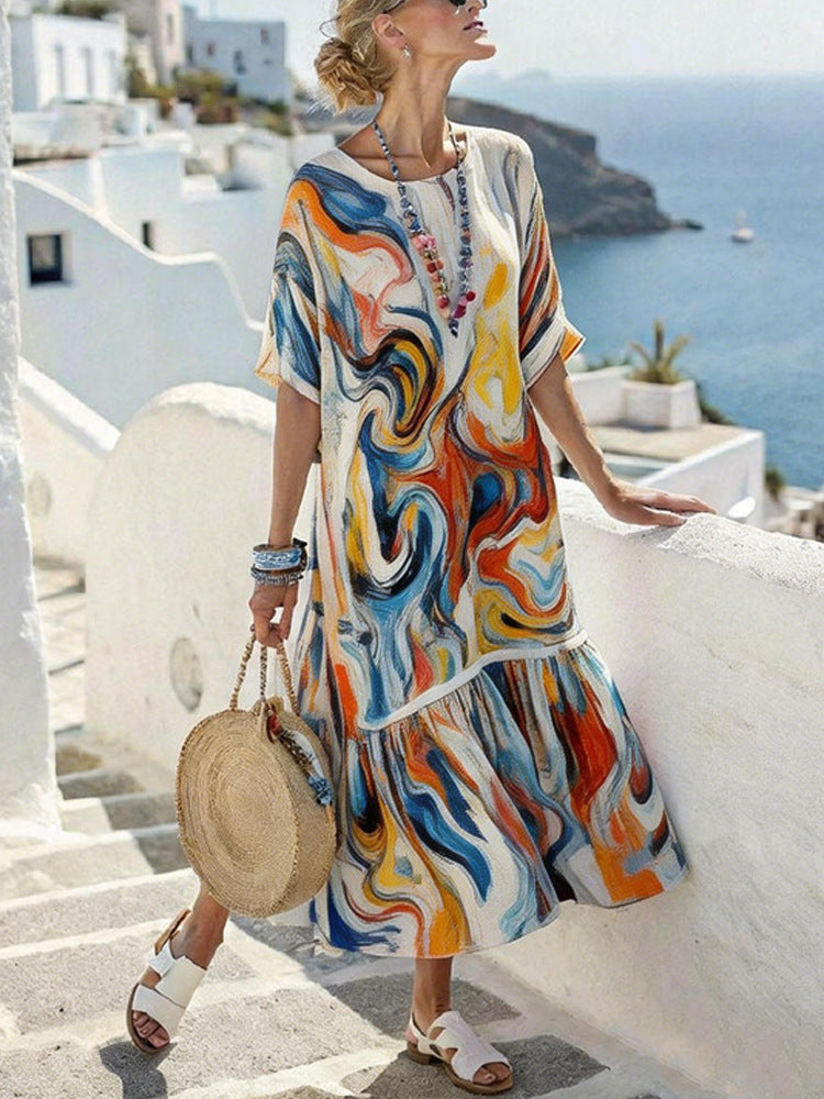 【S-3XL】🌺Γυναικείο Casual Φόρεμα με Κοντό Μανίκι και Σχέδιο, Πουλόβερ👗
