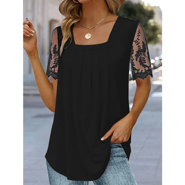 🔥🔥【Ograniczona ilość sztuk✨】【S-5XL】🎉2025 Nowy modny jednolity kolor kwadratowy dekolt koronka krótki rękaw-3938505