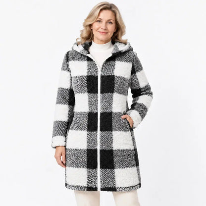 ✨【S-3XL】Női hosszú, megfordítható, cipzáras kardigán/kabát - műszőrme és kockás minta (ősz/tél)